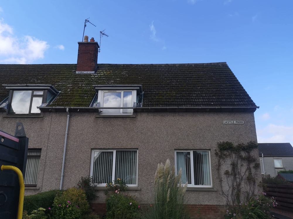 Semi-detached house with a heavily moss-covered concrete tile roof and old rainwater goods